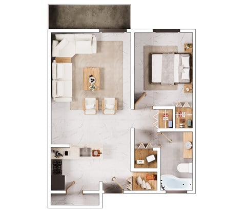 Floor plan for 1 bed, 1 bath, 625 sqft